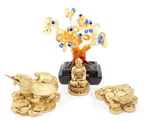 Set of 4~Fengshui Gold Buddha Blue Evil Eye Money Tree Money Frog Dragon Turtle Home Decor