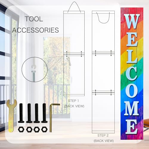Image of Vertical Wooden Rainbow Welcome Porch Sign,Rustic Porch Standing Sign,Decorative Plaques for Front Door,Farmhouse Style Outdoor Indoor Welcome Decoration-47.2 inch H