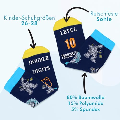 ZENO Lustige Socken Jungen – Geschenk Geburtstag 10 Jahre, Coole Socken Kinder, Gaming-Design für Jungen, Baumwolle, Größe 33-36, 'Level 10 Freigeschaltet
