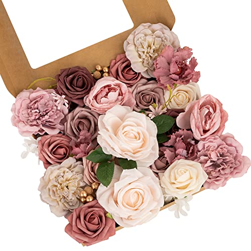 Jelofly 21Pcs Artificial Flowers Fake Silk Flowers Combo For Diy Wedding Bridal Bouquets Table Centerpieces Baby Shower Cake Decor Home Decorations (Dusty Rose) #TOP29
