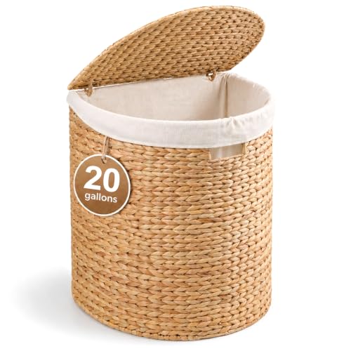 Image of Large Woven Rattan Hamper with Lid, Natural Brown, 16.9 x 13.8 x 20.5 in - Clothes Storage Basket for Laundry Room or Closet