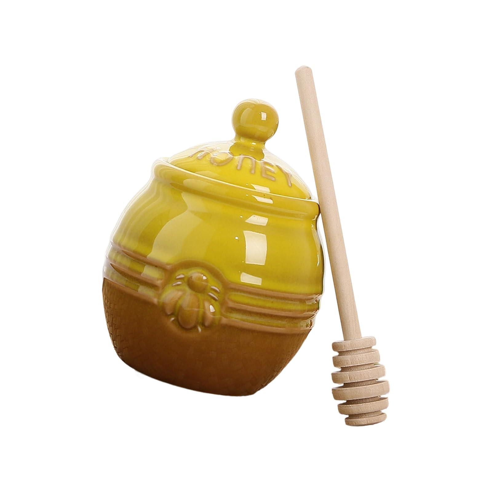 jiingekk Ceramic Honeys Storage Jar with Wooden Dipper for Kitchen Countertop Decoration and Practical Use Traditional Earthenware Dear Jar