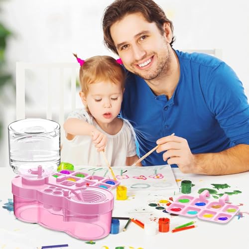 Image of Parssufy Paint Brush Cleaner with Paint Tray, 6-in-1 Water Circulation Rinser Paintbrush Cleaner with Drain & Brush Holder, Watercolor Dispenser & Paint Palette, Paint Brush Washer (Pink)