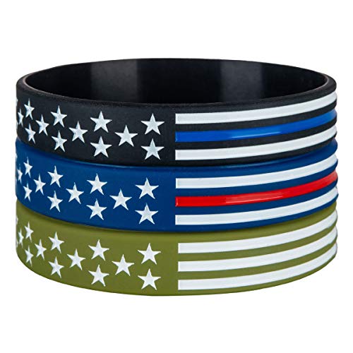 Sainstone American Flag Silicone Bracelets with Thin Blue Line American Flag Black, Red Line American Flag Blue and White Line American Flag Army Green for Patriots, Army, Men, Women3