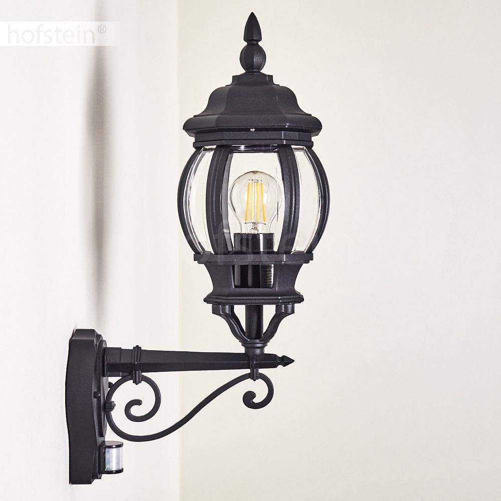 HOFSTEIN Außenwandleuchte Lentua, Außenwandlampe mit Bewegungsmelder aus Metall/Kunststoff in Schwarz/Klar, Wandleuchte Up im Retro/Vintage-Design, E27, IP44, Eingangsbereich, Terrasse, Haustür, Hof