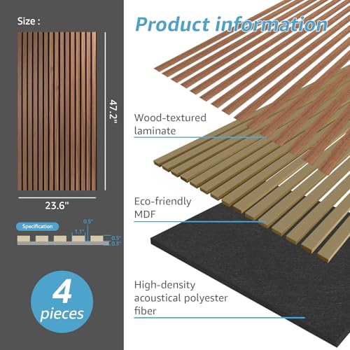Image of Art3d 4-Pack Fluted Acoustic Wood Slat Wall Panel, 47.2 x 23.6 Inch, Walnut