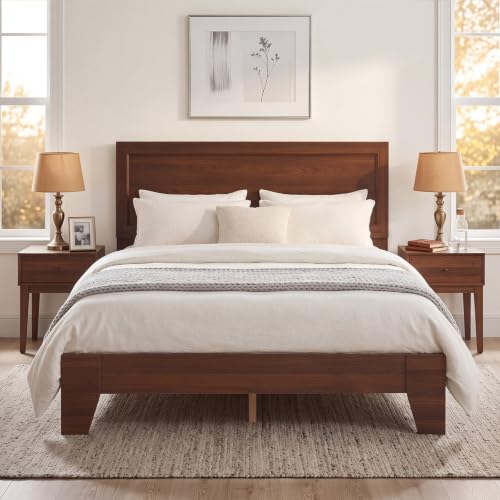 GIANTEX Full Size Wooden Bed Frame with Headboard, Wood Slat Support