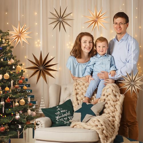 Image of 12 Inches 5 PCS Brown Paper Star Lanterns Hanging Khaki Stars Christmas Party Decorations Hanging Beige Lampshade Christmas Wedding Birthday Christmas Home Party Decorations (12 Pointed)