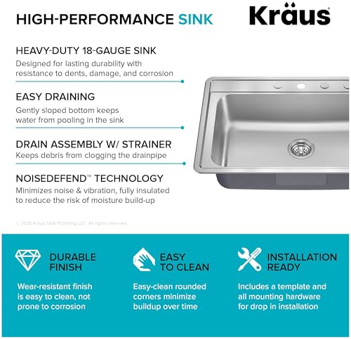 Image of KRAUS Premier 33-inch Drop In /Top Mount Single Bowl 18-Gauge Stainless Steel Kitchen Sink with Strainer, KTM100-33