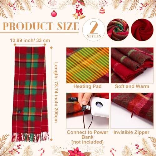 Geyoga 2 Pcs Christmas Heated Scarf for Women Men USB Heating Rechargeable Buffalo Plaid Scarf Faux Cashmere Tartan Electric Heated Neck Warmer for Xmas Winter Holiday Gift2
