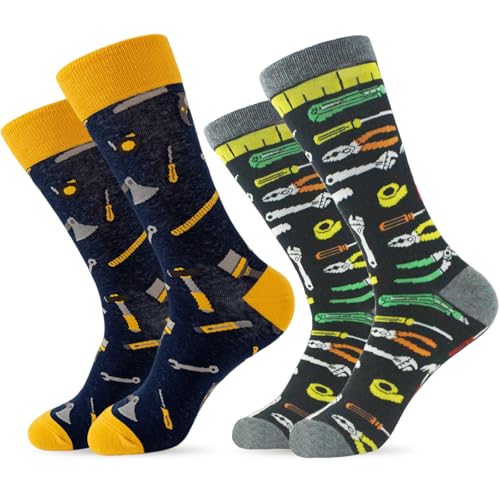 Snyvpra 2 Paar Lustige Socken für Männer – Perfekte Handwerker Geschenke – Baumwollsocken mit Werkzeug-Motiv, Größe 38-45 – Lustige Geschenke für Männer, Papa, Kollegen & Heimwerker