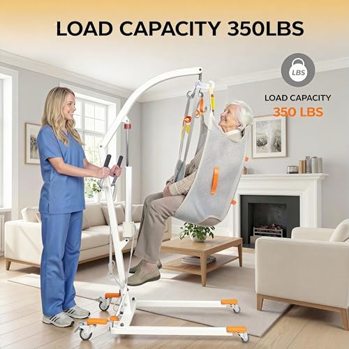 Image of Electric Patient Lift with Sling, Plug-in Powered, White | 350LBS Capacity, Full /Partial Paralysis Mobility Aid, Body Transfer Hoist for Home Care, Hospital