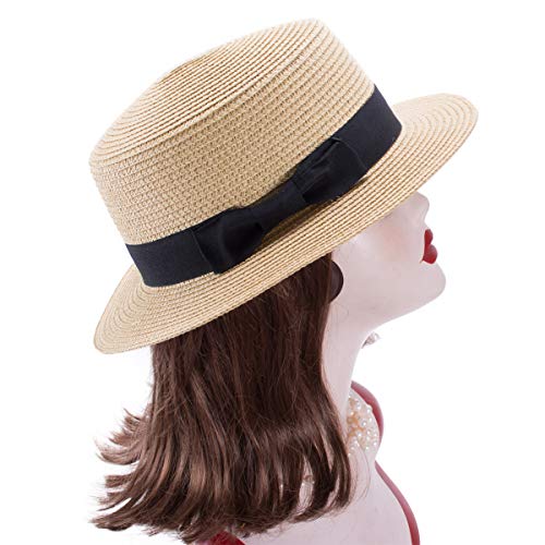 Lawliet Womens Straw Boater Hat Fedora Panama Flat Top Ribbon Summer A456 (Natural) - Thumbnail 5