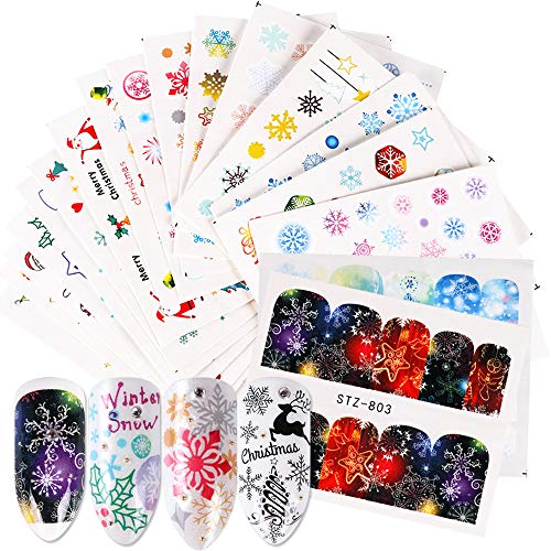 Christmas Nail Art Stickers Water Transfer Nails Supply Decals 30 Sheets Beautiful Snowflake Snowman Christmas Tree Elk Winter Series Nail Sticker for Christmas Party Favors Supplies Decorations