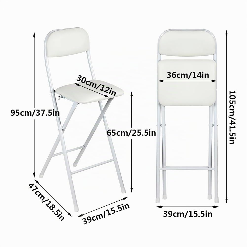 Taburete Plegable Alto 65cm con Respaldo, Ahorrar Espacio, 70cm Silla de Bar Plegable con Reposapiés para Cocina, Oficina, Tienda(White,65cm/26in)