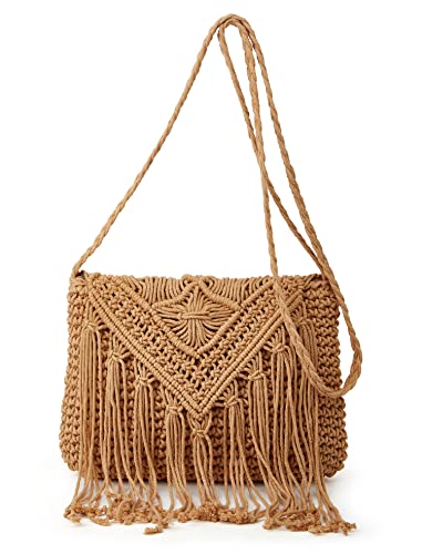 Image of Crossbody Purse for Women Cute Macrame Hobo Satchel Bags Knit Summer Beach Bag Tassels Shoulder Crochet Tote Handbag