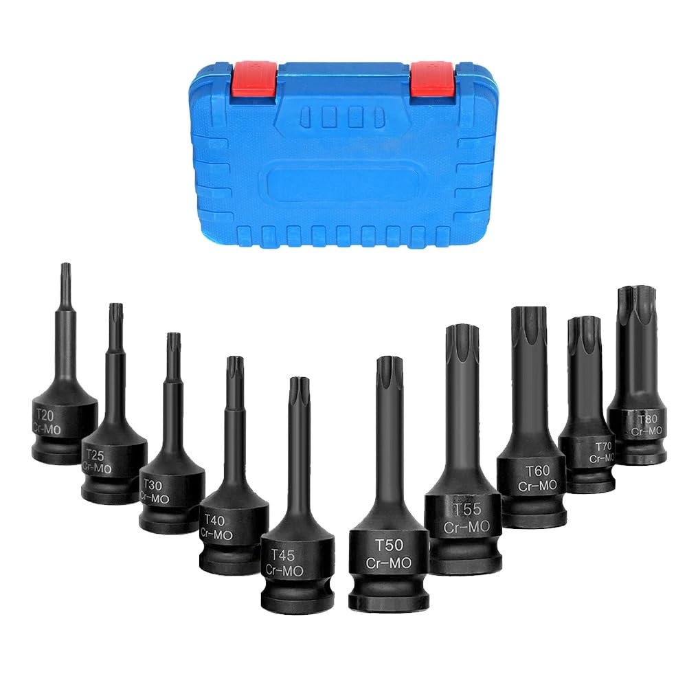 10-częściowy nakrętek Torx Hex Sping Star Bits 1/2 cala T20-T80 POWER NUTS NAKRĘTEK Zestaw przedłużek