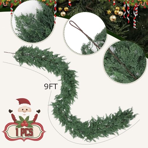 Image of Hananona 9FT Artificial Cedar Garlands, Real Touch Soft Cedar Pine Garland, Winter Artificial Greenery Garland for Fireplace Mantel Staircase Porch Table Indoor Home Decor (1, Green, 9FT)