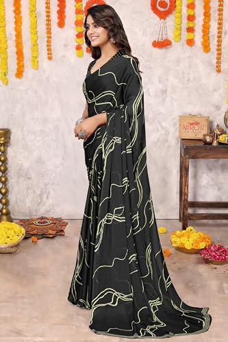 Image of MIRCHI FASHION Saree for Woman Chiffon Georgette Geometric Printed | Lightweight Farewell and Women's Office Sari with Blouse Piece