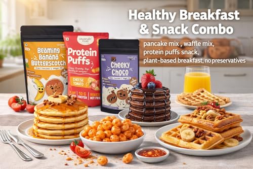 Image of Grainfully Yours Healthy Breakfast & Snack Combo - Pancake & Waffle Mix Cheeky Choco & Banana Butterscotch, Cheesy Tomato Protein Puffs, High Protein, Plant-Based, No Preservatives