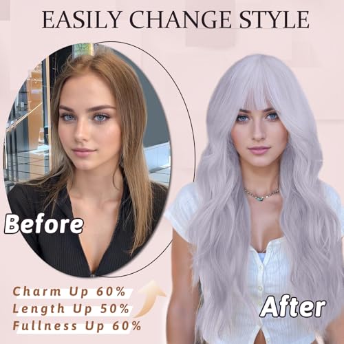 Image of NAYOO Silver Gray Wigs with Bangs for Women,24 Inch Wavy Synthetic Wig | Natural Looking,Beginner Friendly,Heat Resistant Fiber,Ideal for Daily Wear,Parties & Halloween