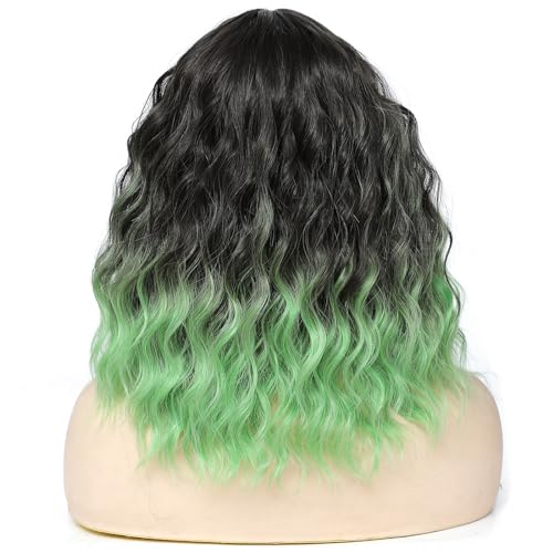 Image of Rose bud Wavy Bob Wig Natural Wig Black to Green Synthetic Hair Shoulder Length Short Curly Middle Part Lace Front Wigs for Women