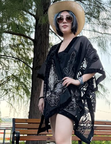 Image of Women's Burnout Velvet Kimono Long Cardigan Cover Up Casual Outfit