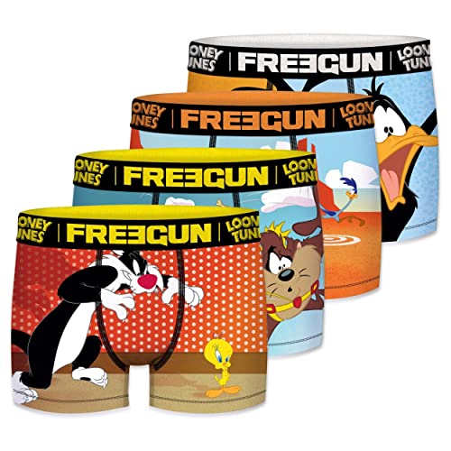 FREEGUN Boxer Homme Taz, Titi, Coyote, Caleçon Homme Looney Tunes, Respirant & Stretch (Lot de 4), Multicolore, Taille L