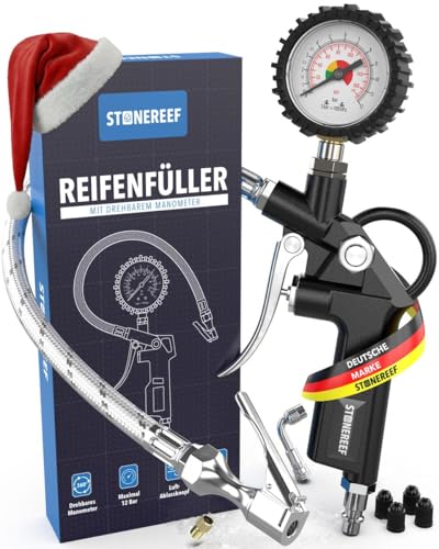 Reifenfüller mit Manometer [inkl. Adapter & Ersatzkappen] –...