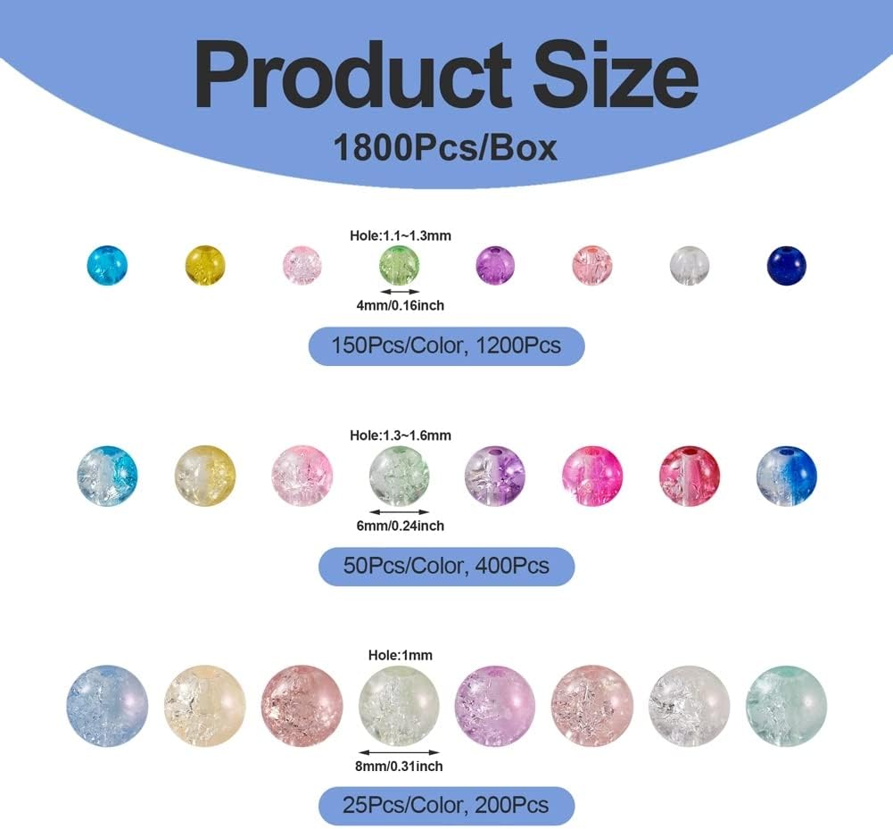 KISSITTY 1800pcs Crackle Glass Crystal Beads for Jewelry Making, 4mm 6mm 8mm Round Bracelet Beads Assorted Craft Beads Mixed Color Loose Spacer Beads for Women DIY Necklaces Earrings Crafts Making - Image 8