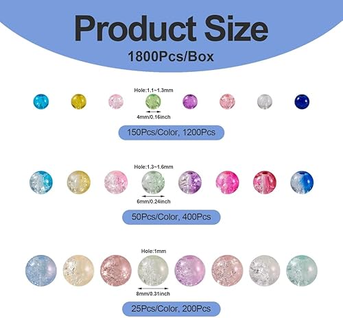 Miniatura 8 de KISSITTY 1800 cuentas de cristal agrietado para la fabricación de joyas, cuentas redondas de 0.157 in, 0.236 in, 0.315 in, cuentas de manualidades