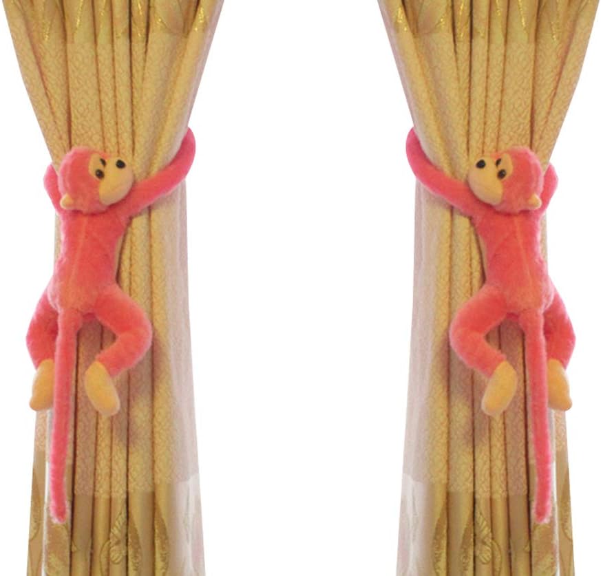 1 Pair Cutest Monkey Curtain Tiebacks Set Soft Plush Animal Curtain Holdback Clips Hooks Children Nursery Bedroom Decorative Window Curtain Tie Backs Baby Jungle Bedroom Accessories Home Decor (Pink)