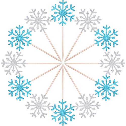 TOODOO Christmas Cake Decoration 60 Pack Snowflake Cupcake Toppers Glitter Snowflake Cake Topper Picks for Christmas Birthday Party Baby Shower Wedding Cake Decoration (Blue and Silver)