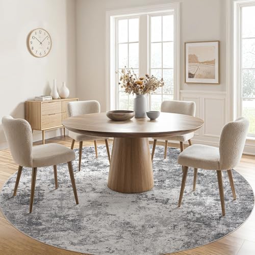 8ft Round Area Rug Living Room Rugs - 8x8 Washable Neutral Modern Abstract Soft Thin Rug Indoor Floor No Slip Rug Carpet for Bedroom Under Dining Table Home Office Decor - Grey