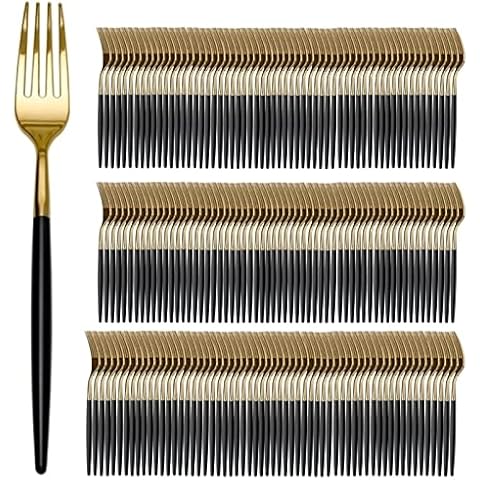 Trendables 120 Pack Two Toned Heavy Duty Plastic Silverware Forks - Stunning Dual Colored Black and Gold Disposable Plastic Fork - Disposable Utensils For Wedding Parties And All Occasions Cover