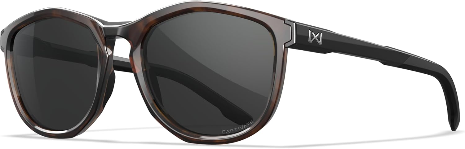 Wiley X WX Bravo Sunglasses Safety Glasses for Men Shatterproof UV Eye Protection for Outdoor, Shooting Captivate Polarized Gray Lenses Gloss Tortoise Frames Gloss Black Temples ANSI Z87