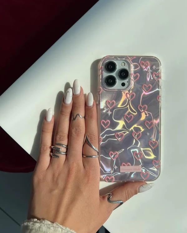 Image of COVERLY Luxury 3D Heart Aesthetic Designer Back Cover for iPhone 12 Pro - Slim Liquid Silicone Case with Handcrafted Real Pearl Jewel & Iridescent Holographic Waves (Blush Silver & Pearlescent Silver)
