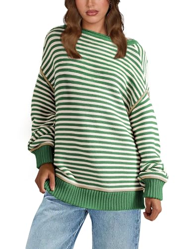 Women's Oversized Striped Sweater Long Sleeve Crew Neck 2025 Fall Pullover Sweater Tops