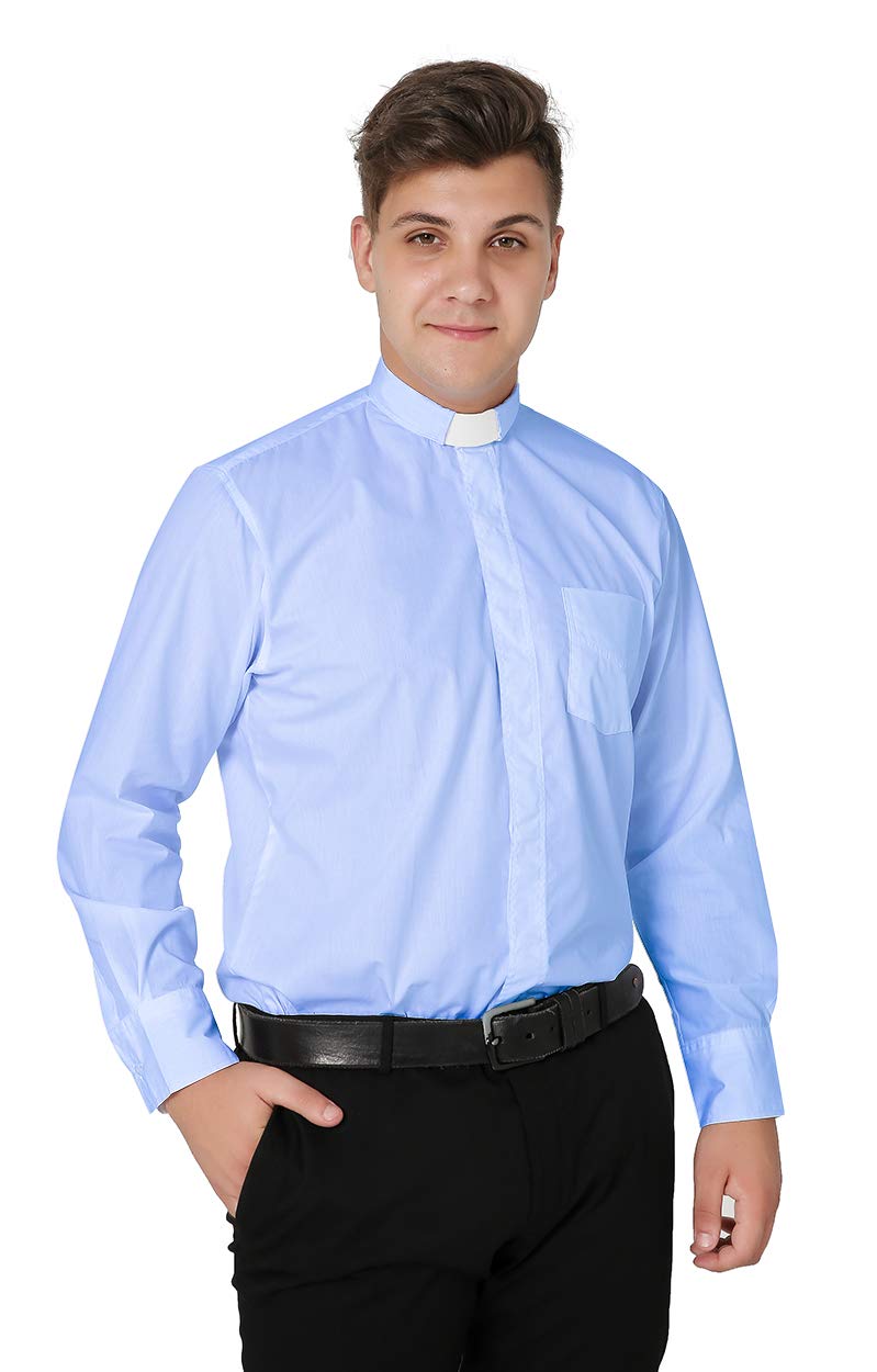 IvyRobes Clergy Shirt Men Priest Clerical Shirts Long Sleeves with Free Slip-in Tab Collar SkyBlue