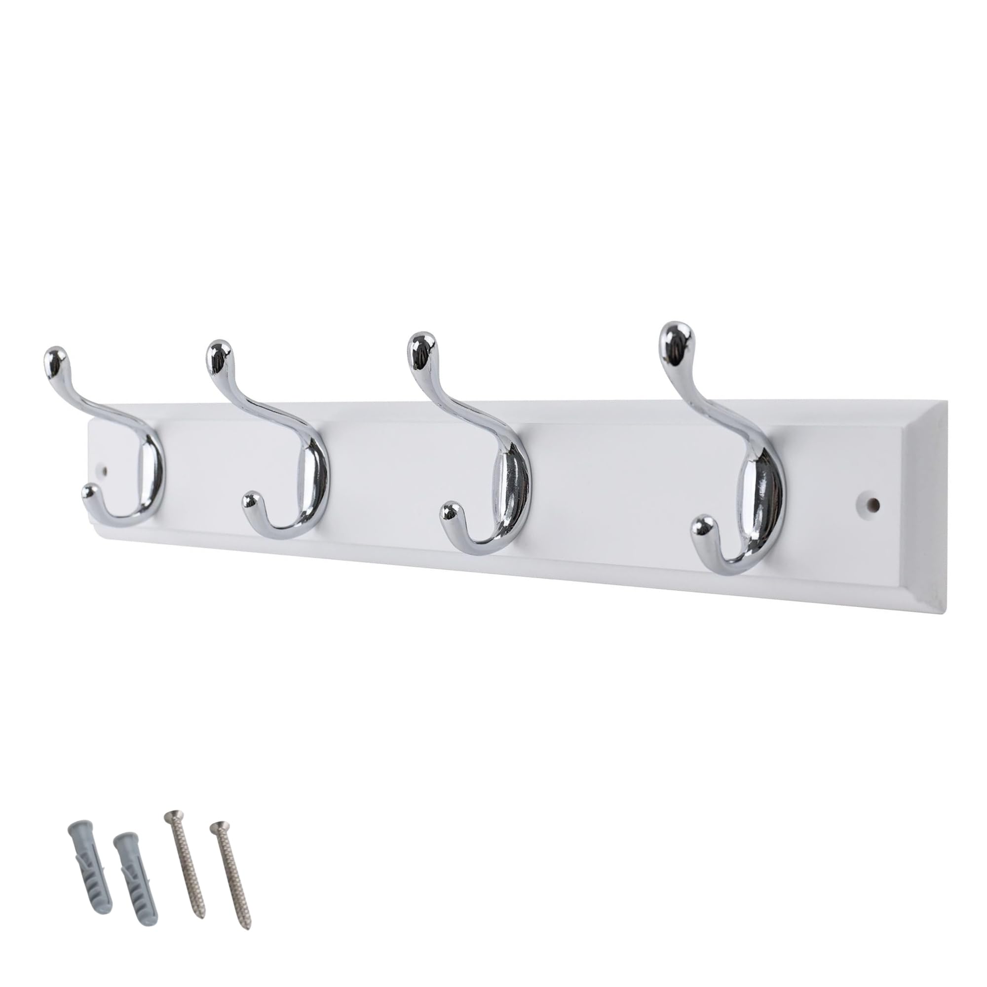 Keypak 4-Hook Wall-Mounted Coat Rack45CmWhite Wooden BoardPolished Chrome Coat HooksFixings Included from B&Q