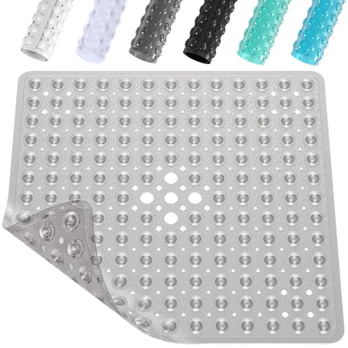 XIYUNTE Shower Mat Non Slip Anti Mould - 53 x 53cm Square Bath Mat Non Slip Shower Mats for Inside Shower, Anti Slip Shower Mat with Strong Suction Cups & Drain Holes, Machine Washable, Grey