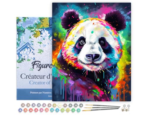 Figured'Art Peinture par Numéro Adulte avec Cadre Panda Coloré Abstrait - Activité Manuelle Kit de Loisir Créatif DIY Numéro d'Art Complet Animaux - 40x50cm toile tendue sur châssis