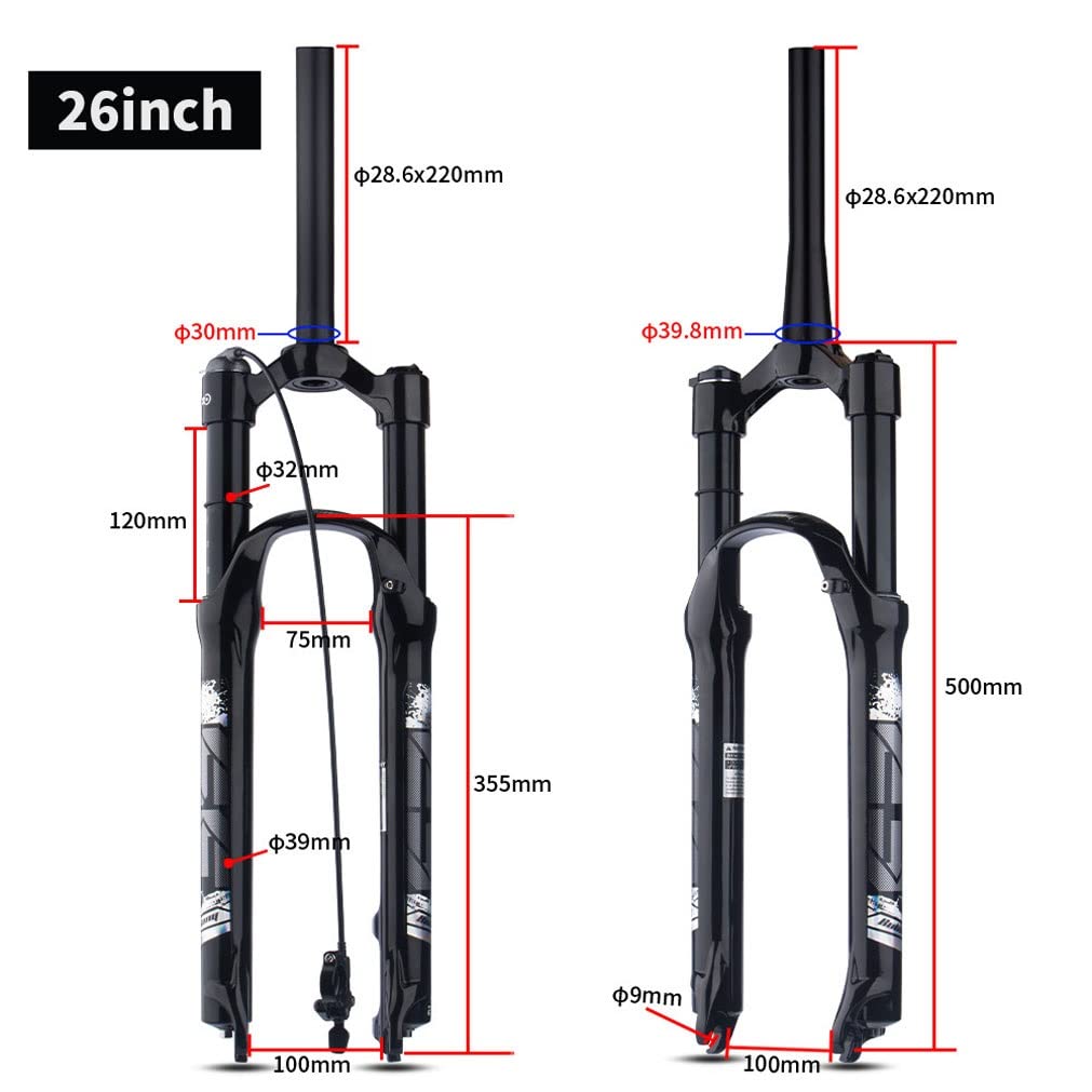 Horquilla Bicicleta de montaña, Compatible con Bicicletas de 26, 27, 5 y 29 Pulgadas, con suspensión neumática, Recorrido de 100 mm y Amortiguador Delantero cónico.