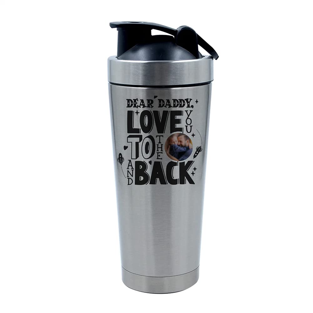 Getagift Silver Personalised Dear Daddy, Love You To The Moon And Back, Dad, Godfather-Any Name/Image, Father’s Day, Birthday Present 500Ml Aluminium Shaker Bottle. (Silver)