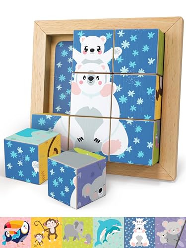 Merle Toys® 6-in-1 Würfelpuzzle ab 2 Jahre, 100% Öko-Buchenholz, Würfelpuzzle ab 3 Jahre, Bilderwürfel Holzpuzzle ab 2 Jahre, 4,5 cm große Würfel, Puzzle mit abgerundeten Ecken und Bildvorlagen, Bär