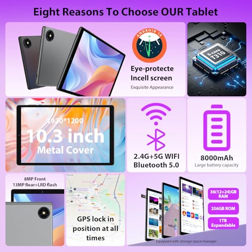 Image of 2026 Tablet with Keyboard,Stylus & Mouse, 10.3 Inch Android 13 Tablets, 2K IPS Screen, 19GB RAM 256GB (1TB TF), 8000mAh, 8-Core,8+13MP, 5G /2.4G WiFi,Tablets for Students, Adults, Play- Gray