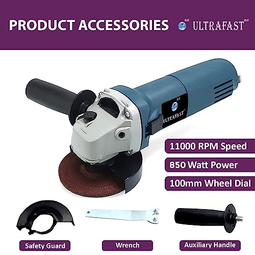 Image of ULTRAFAST UF-AG6100 Angle Grinder 850 Watt Corded 11000 RPM Speed Tool Grinding 100mm Machine Auxiliary Handle Ideal for Polishing Cutting Home & Professional Use (Grinding Wheel Is Not Included)