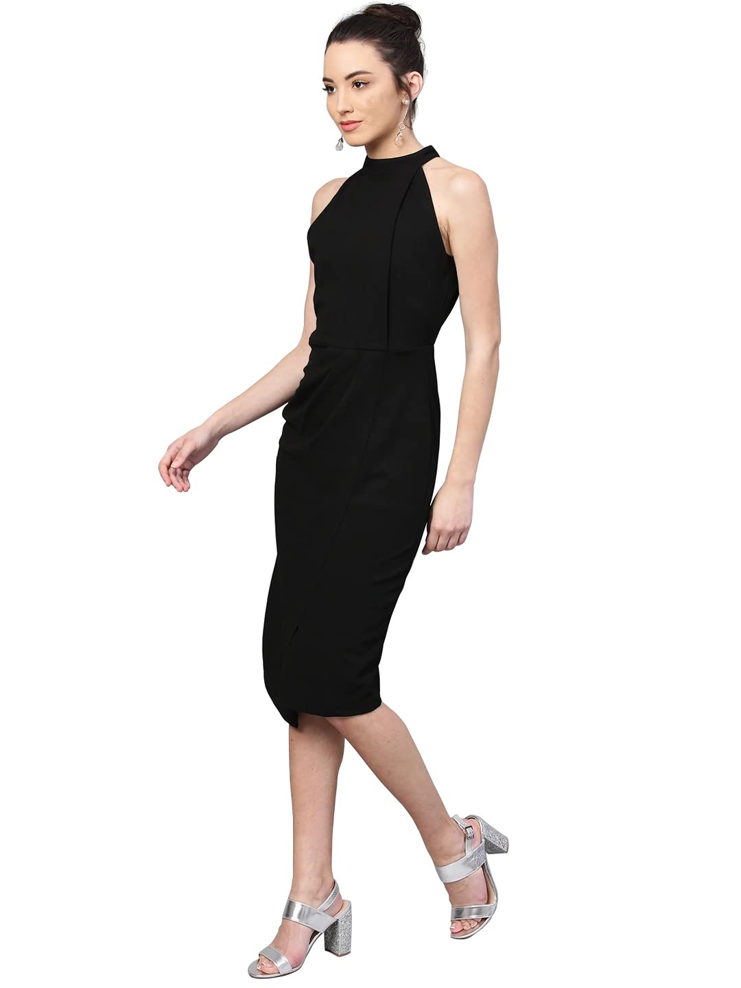 Shasmi Women's Comfortable Black Halter Neck Sleeveless Solid Midi Bodycon Casual Western Stylish Dress For Womens/Midi Dress For Girls (Shree Midi 14 Black Xl)