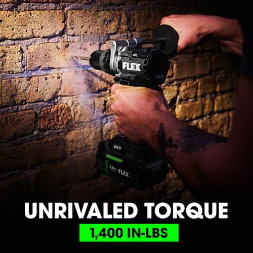 FLEX 24V Brushless Cordless 1/2-Inch 1,400 In-Lbs Torque 2-Speed Hammer Drill Turbo Mode Kit with 2.5Ah, 5.0Ah Lithium Batteries and 160W Fast Charger - FX1271T-2B