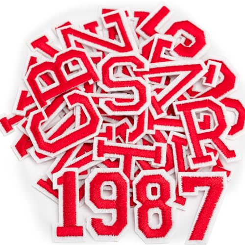 mancyz 72PCS Iron on Letters and Numbers Patches for Clothes DIY Embroidered Patch A-Z, Numbers 0-9 Applique for Clothes Hats Backpacks Jackets Pants (W2497-72red)